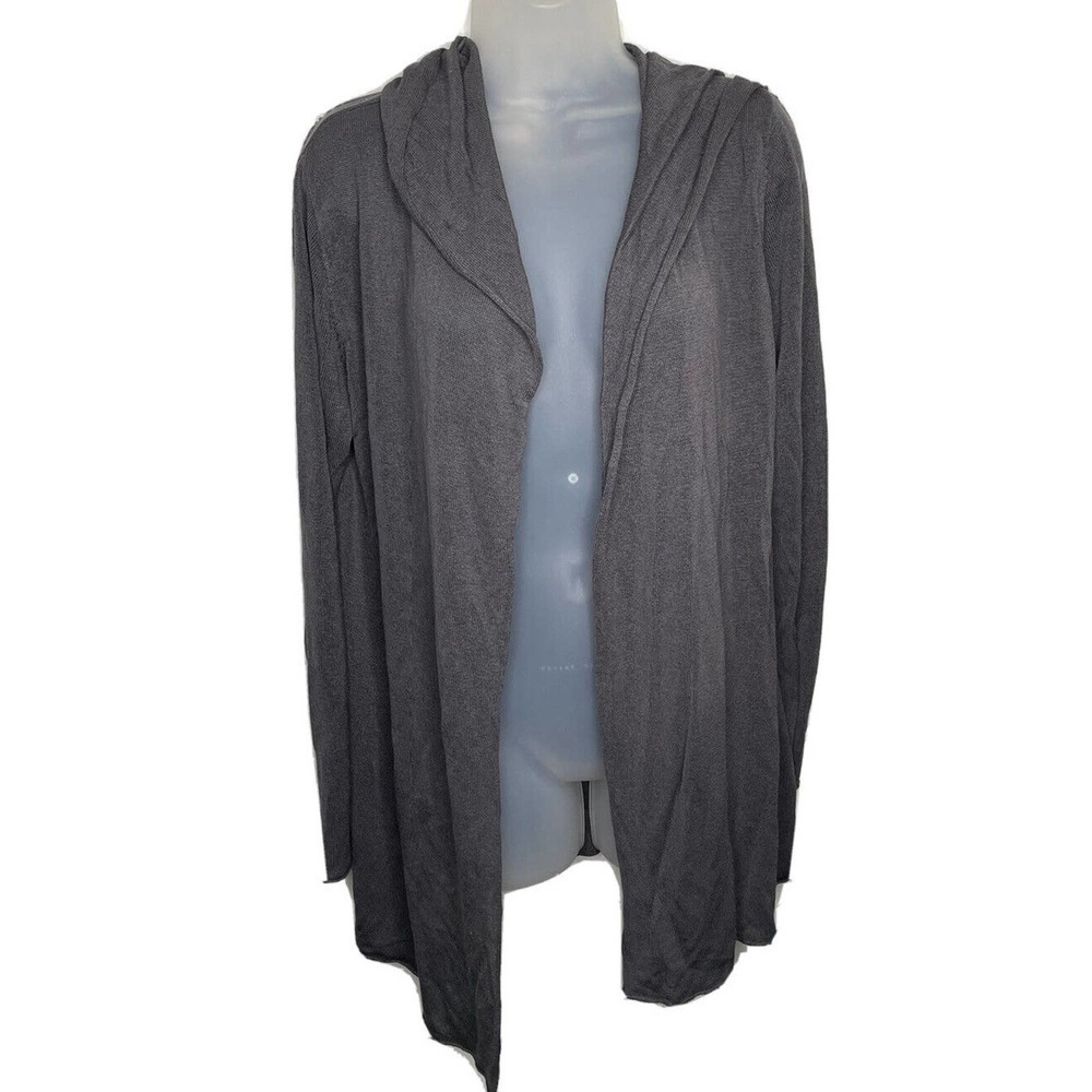 VINTAGE Alison Sheri Large Womens Open Front Knit Hooded Cardigan Sweater Gray‎